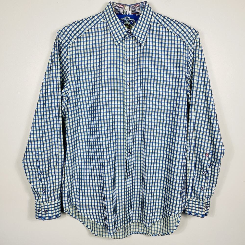 Robert Graham Flip Cuff Shirt Size Medium Blue Plaid Classic Colorful Preppy - Picture 9 of 14
